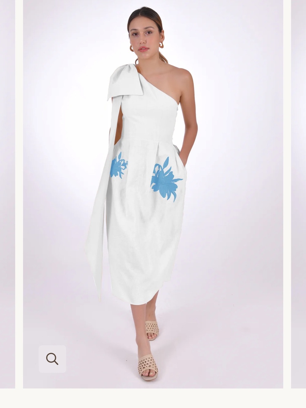 Fanm Mon Idyll Dress One-Shoulder White Midi Dress with Blue Floral Detail
